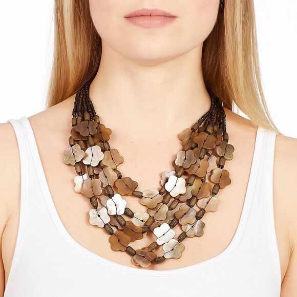 Statement Necklace Brown Beads Floral Shapes Lobster Claw Closure 10 in drop - Picture 1 of 10